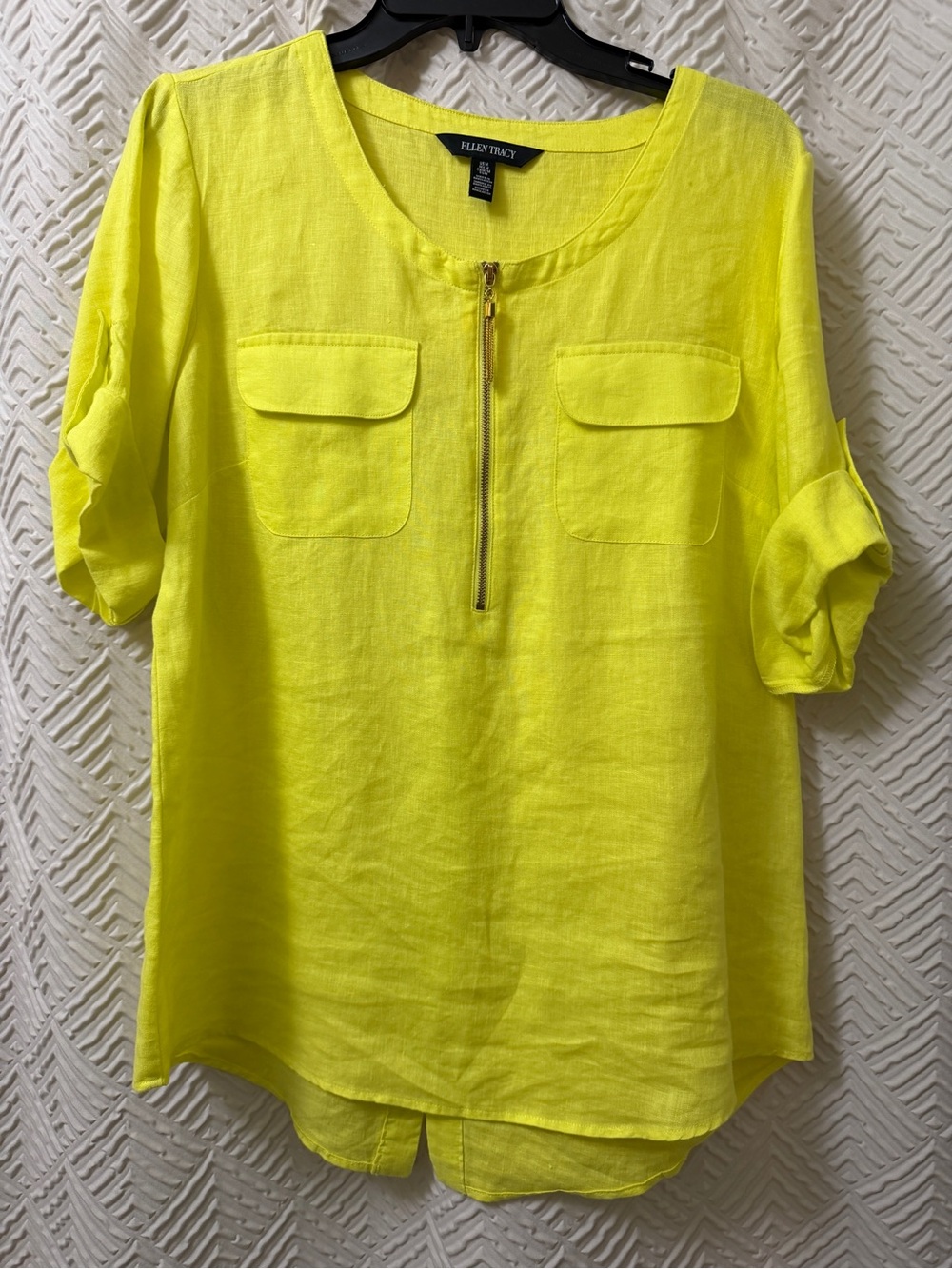 Ellen Tracy Women’s Yellow Linen Zip-Front Pocket Blouse